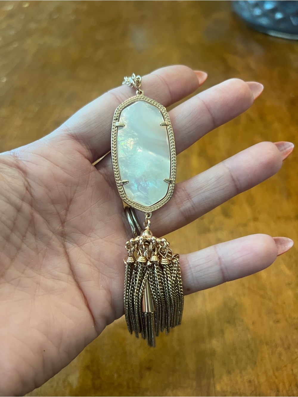 Kendra Scott Rose Gold Rayne Tassel Necklace Iridescent Shell Pendant